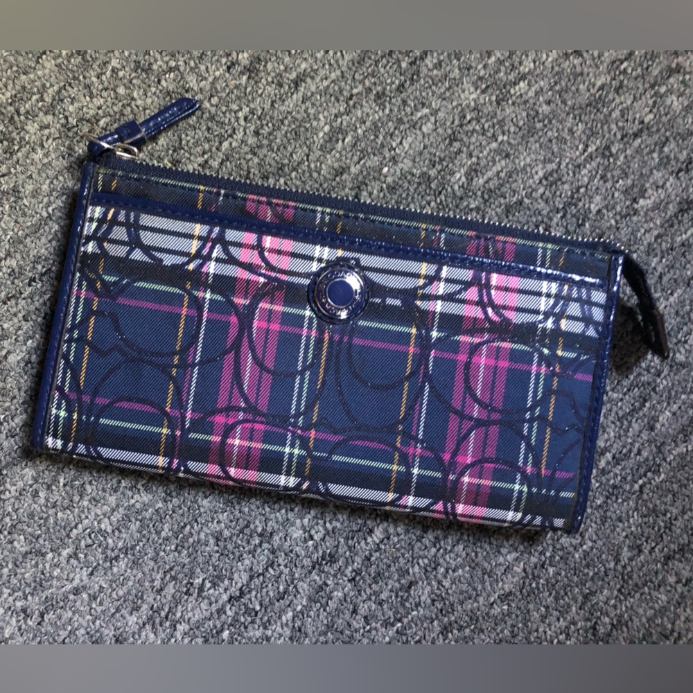 COACH Plaid Wallet in Navy and Pink